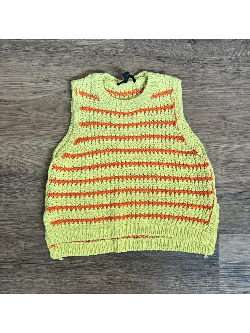 Zara Knit Sweater Vest Lime Green Orange Stripe Chunky Open Knit Top S